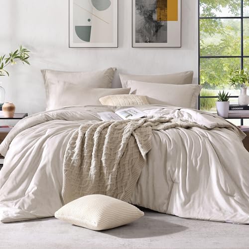 Photo 1 of Monbix King Size Comforter Set, Oatmeal King Size Bed Set Reversible, King Size Comforter Set 7 Pieces, Cationic Dyeing Bed in a Bag with Comforter, Sheets, Pillowcases & Shams