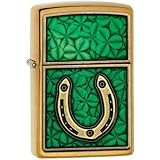Zippo Horseshoe Clovers Brushed Brass Pocket Lighter