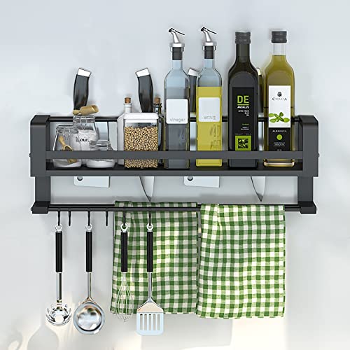 ivaxdayuqan Spice Rack Wall Mount, Spice Rack Organizer, Kitchen Cabinet Wall Shelf for Spice Jars and Seasonings Organizer, Black Shower Shelves with 6 Hooks Metal Guardrail Towel Rack Holder