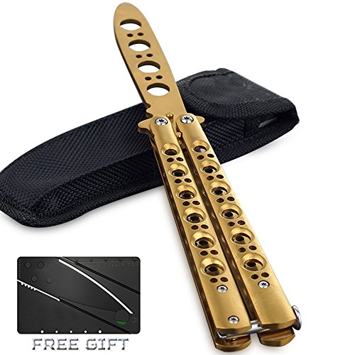 Butterfly Knife Trainer,Stainless Steel Blunt Practice Balisong Dull Pocket Training Knives Tool (gold)