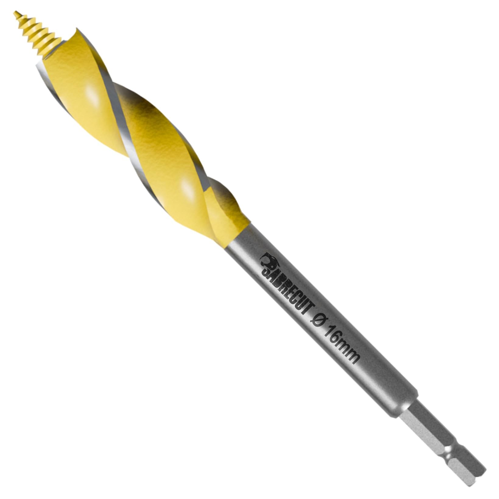 1 x SabreCut SCAG016 16mm x 165mm Wood Auger Quad Flute Self Feed Tip Grooved Hex Shank Drill Bit for High Speed Drilling in Wood and MDF