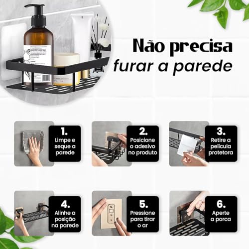 Kit com 2 Suporte de Parede para Banheiro Prateleiras Autoadesivas Preto Organizador para Shampoo e Sabonete Instalação Sem Furos