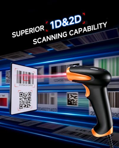 Eyoyo Lecteur Codes Barres 1D 2D, Handheld Wired USB Douchette Code Barre QR PDF417 Data Matrix, Lecteurs de Code Barre with USB Cable for PC Mac pour Mobile Payment Convenience Store...Orange