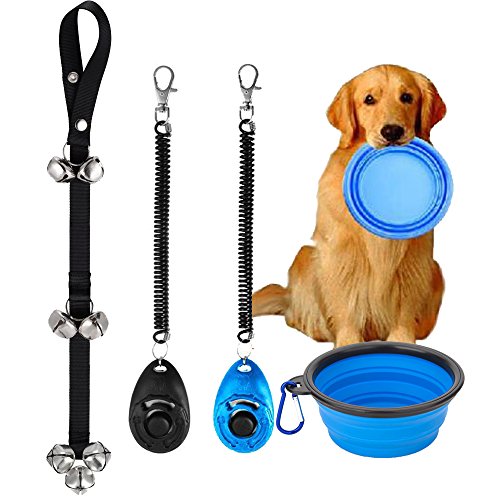 Collapsible Travel Pet Cat Dog Bowl,Silicone Bowl Dog Doorbells Puppy dog Training Clicker Kit,dog training bells for door,2 Pack Pet Training Clicker Scientific Professional Design