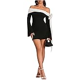 WDIRARA Women's Off Shoulder Bow Long Bell Sleeve Mini Dress Cocktail Party Dress