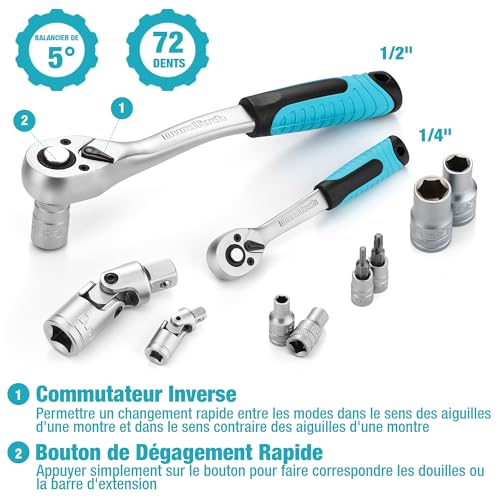 DURATECH 108 Piece Socket Set with Ratchet Wrenches and Bits 1/2 Inch and 1/4 Inch Reversible Ratchet Rattle, Extenders, Bits, Sockets, Chrome Vanadium Steel, Box Included for Car Repair