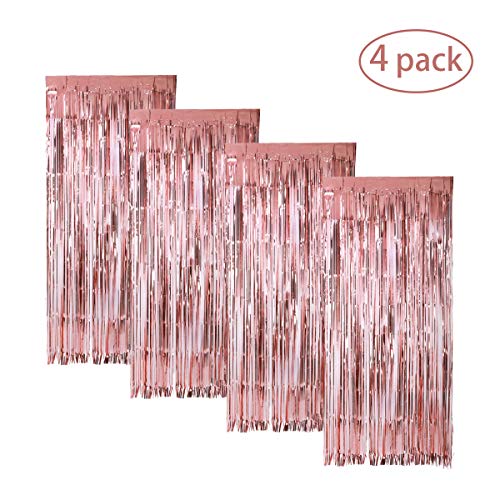 HAPY SHOP 4PACK 3.28ft x 6.56ft Rose Gold Metallic Tinsel Foil Fringe Curtains Photo Backdrop for Birthday Wedding Engagement Party, Bridal Shower, Baby Shower, Bachelorette Holiday Celebration Party Decorations