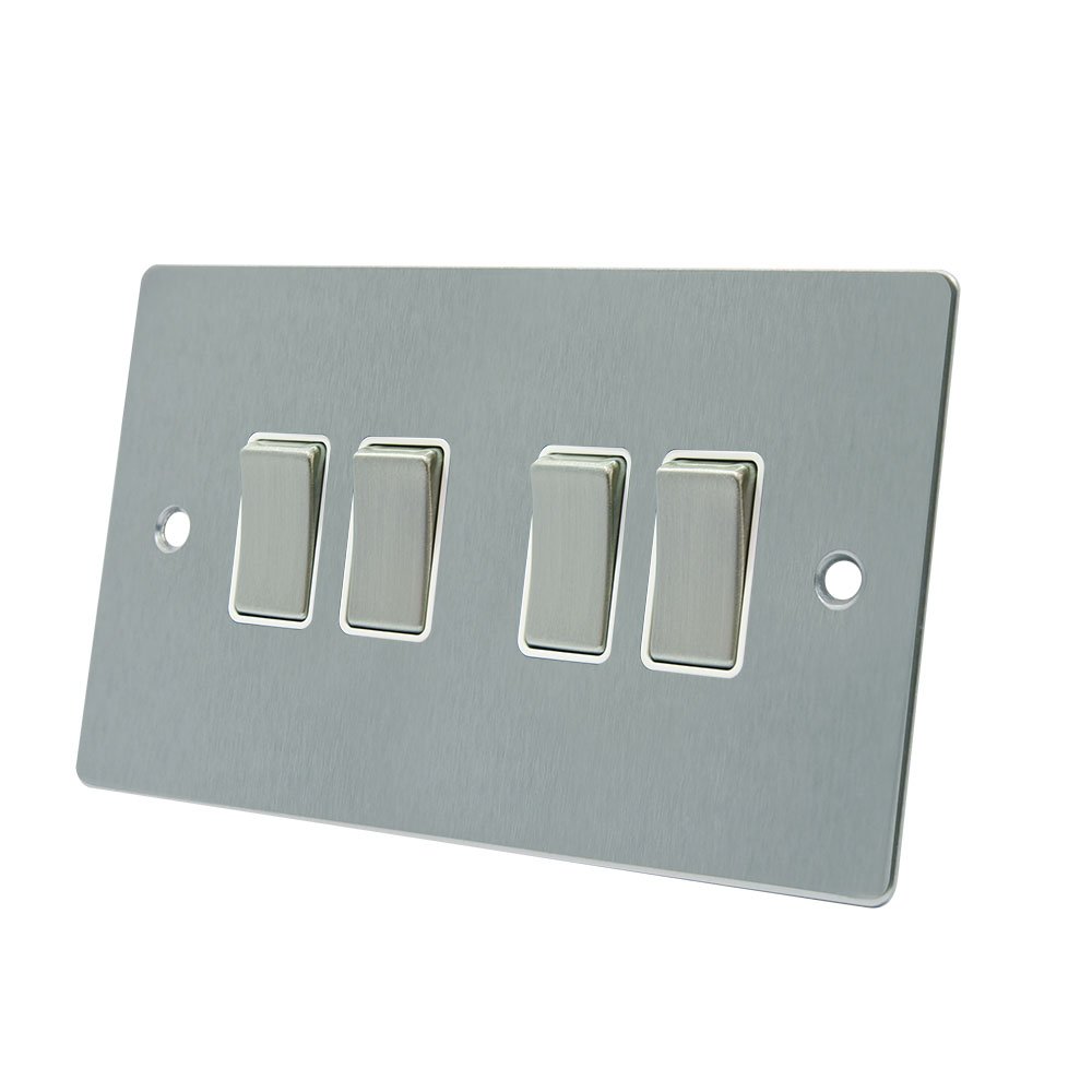 AET FSC4GSWIWS 10 A 4-Gang 2-Way Satin Chrome Flat Light Switch with White Insert Metal Rocker Switch