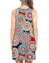 Vestido sin mangas sin mangas con cuello en V floral sin mangas para mujer con bolsillos