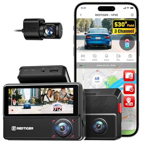 REDTIGER 530° Dash Cam 3 Channel, 2.5K+2.5K+1080P Triple Car Camera, IR Night Vision, Touch Screen, Dashcam for Front Inside Rear Included WiFi GPS, 24H Parking Mode, No SD Card Included(VP20) | 1440P HD Car Camera, 4 IR Night Vision, Built-in GPS, WiFi APP Control, Loop & Lock Video Surveillance, 24H Parking Mode