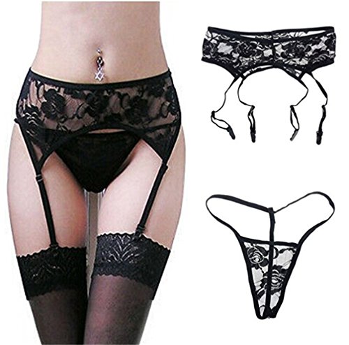 MISMXC Women's 3 Pieces Lace Garter Belt Stockings Sets with Butterfly Panty (Black 3#)