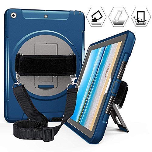 iPad 6th Generation Cases, iPad 2018 Case, iPad 9.7 Inch Case, Shockproof Rugged Protection Cover with Kickstand, Hand Strap and Shoulder Strap for New iPad 9.7 inch A1893 A1954 A1822 A1823, Blue