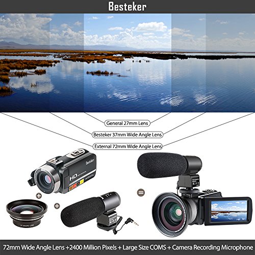 Camcorder,Besteker 1080P IR Night Vision Camcorders Full HD Portable Digital Video Camera with External Microphone and Wide Angle Lens
