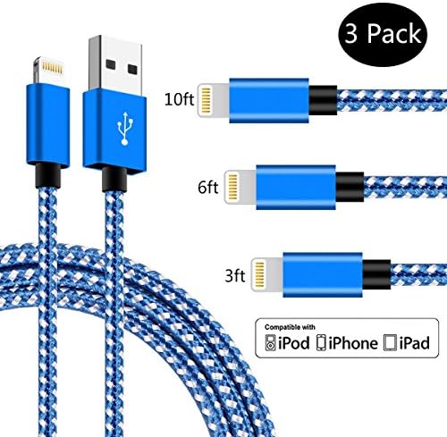 SPEATE iPhone iPad Charger Cable [3 Pack] 3.3/6.6/10FT Nylon Braided 8 pin LIGHTNING to USB A Charging Cord for Apple i7/7 Plus 6/6s Plus 5, iPad Pro Air 2 mini 4 3 2, iPod touch 5th 6th nano 7th gen