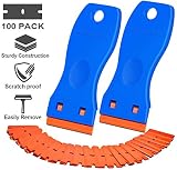 Plastic Razor Blade Scraper, 2 Pack Scraper Tool with 100 Pack Plastic Razor Blades Decal Sticker Remover Scraper Tool for Auto Window Tint Vinyl Tool Application, Easily Remove (Blue)