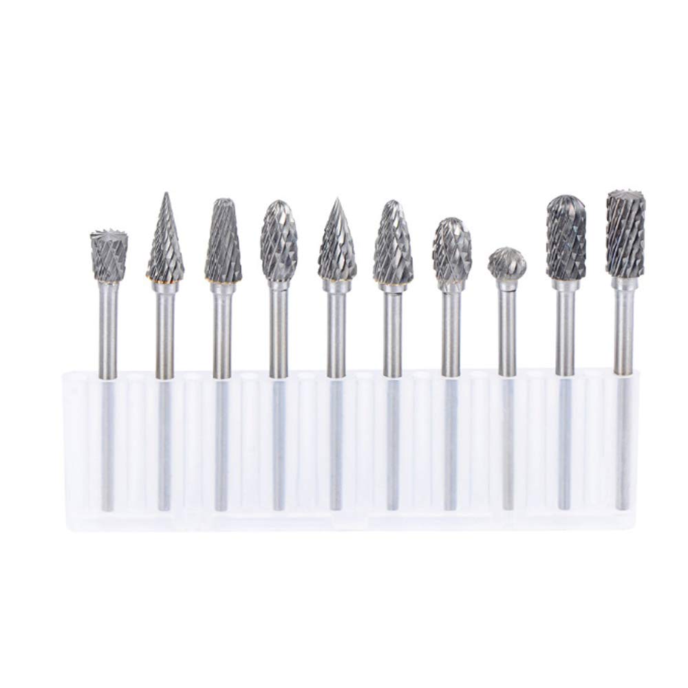 ANCLLO 10pcs Double Cut Tungsten Steel Solid Carbide Rotary Burrs Set with 1/8 inch (3mm) Shank Twist Drill Bit for Rotary Tools