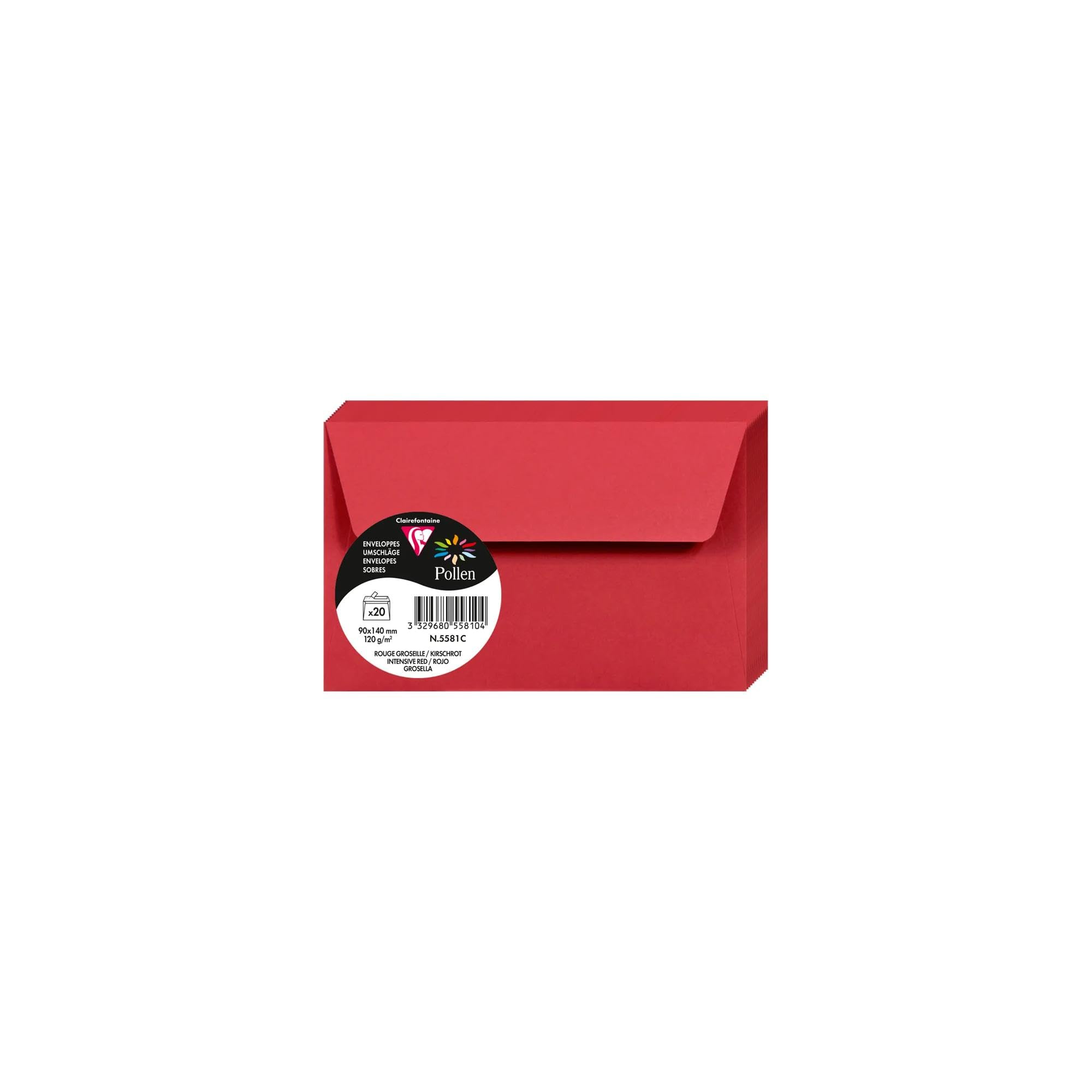 Clairefontaine 5581C Pack of 20 Self-Adhesive Envelopes Format 9x14cm 120g/m² Intensive Red Invitation Event Correspondence Range Pollen Premium Smooth Paper