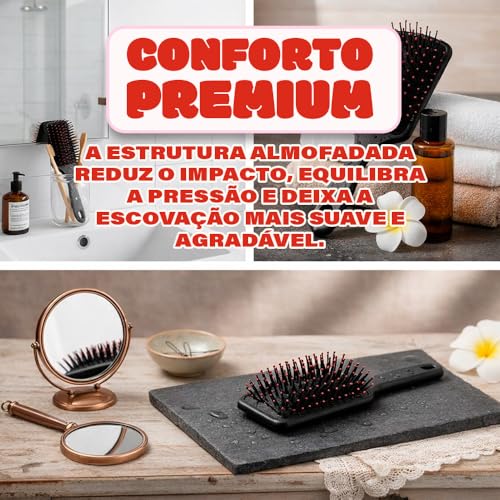 Escova de Cabelo Raquete Almofadada - Cerdas Macias, Anti Frizz, Aniti Quebra Profissional PREMIUM - Cor PRETA