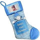 Babys First Christmas Stocking; Baby Boy Stocking with Removable Soft Toy; with Picture Frame - Personalize it with Baby's Picture! (Blue)