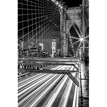 Brooklyn Bridge New York City Skyline at Night Black and White Photo Photograph Cool Wall Decor Art Print Poster 24x36