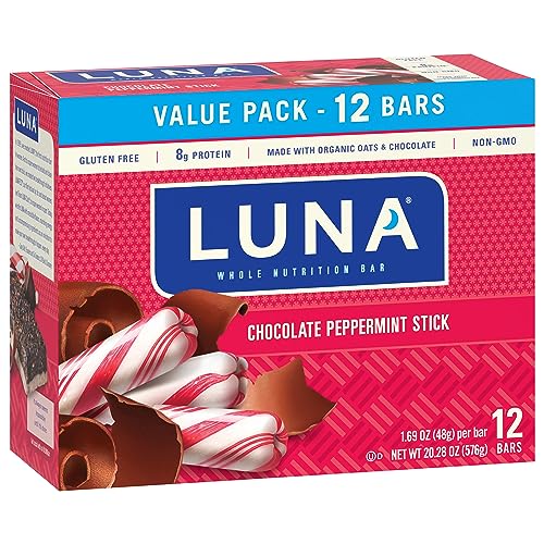 LUNA BAR – CHOCOLATE PEPPERMINT STICK FLAVOR – GLUTEN FREE SNACK BARS – NON-GMO – PROTEIN BARS – MADE WITH ORGANIC OATS – VALUE PACK (12 PACK)