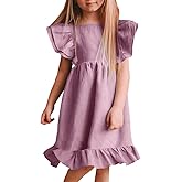 Bigeoosh Girls Dress Linen Boho Party Ruffle Sleeve A-Line Floral Hem Loose Fit Summer Outfits for 5-12 Years Kids