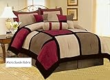 7 Piece Burgundy Brown Black Bed in a Bag Micro Suede Cal (California) King Comforter Set with accent pillows