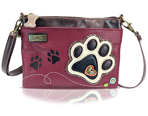 Chala Mini Crossbody Handbag, Multi Zipper, Pu Leather, Small Shoulder Purse Adjustable Strap Ivory Pawprint - Maroon One Size