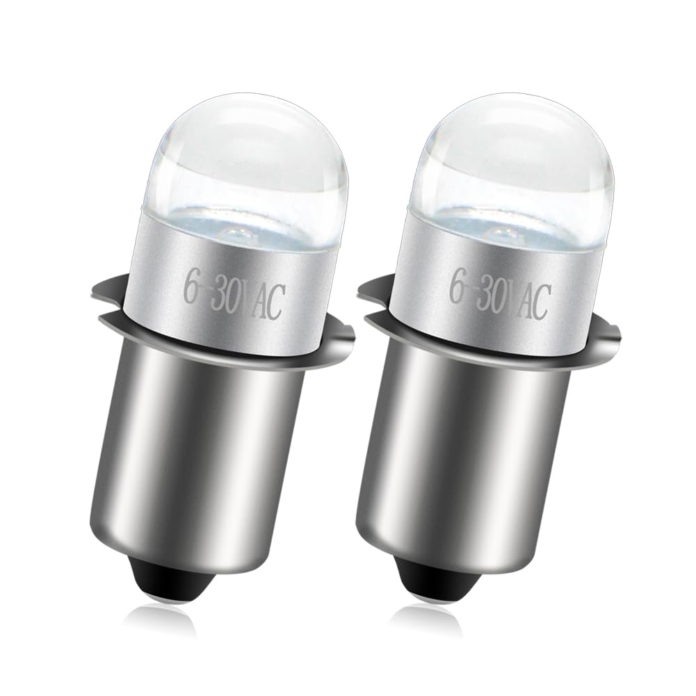 Ruiandsion P13.5S 6-30V Upgrade LED Flashlight Bulb 6V 9V 12V 18V 24V Replacement for Ryobi Milwaukee DEWALT Lamp Torch Lantern Work Light Maglit Bulbs, Non-Polarity (Pack of 2)