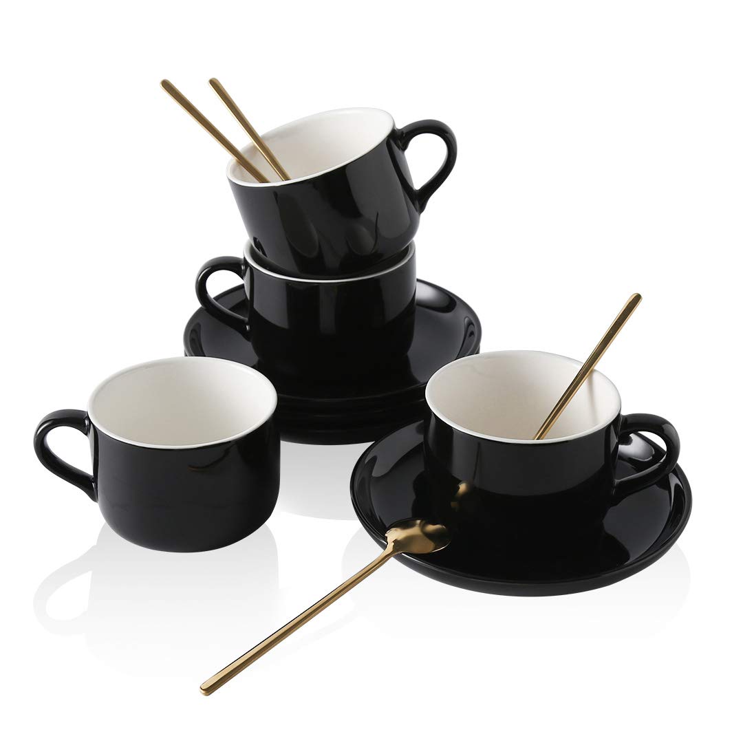 Yelife Porcelain Coffee Cups with Saucers Spoon, 8 oz Ceramic Tea Cups and Saucers Set, Set of 4 (Bl