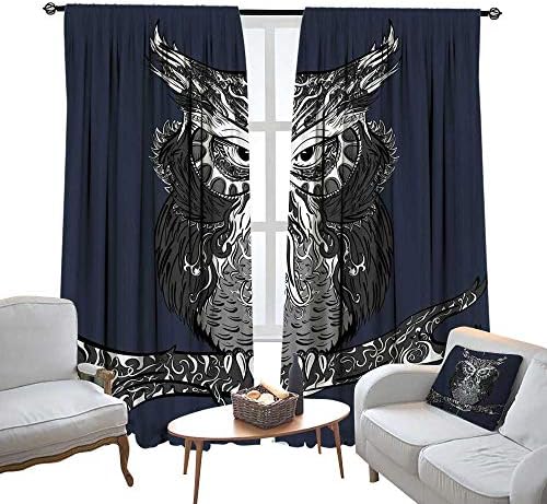 Indie Kitchen Curtains Owl with Vintage Style Ornaments Wisdom Symbol Creature of Night Fade-resistant Curtains,Living Room Window Drapes 2 Panel Set,96 W X 84 L Inches,Dark Blue Charcoal Grey White
