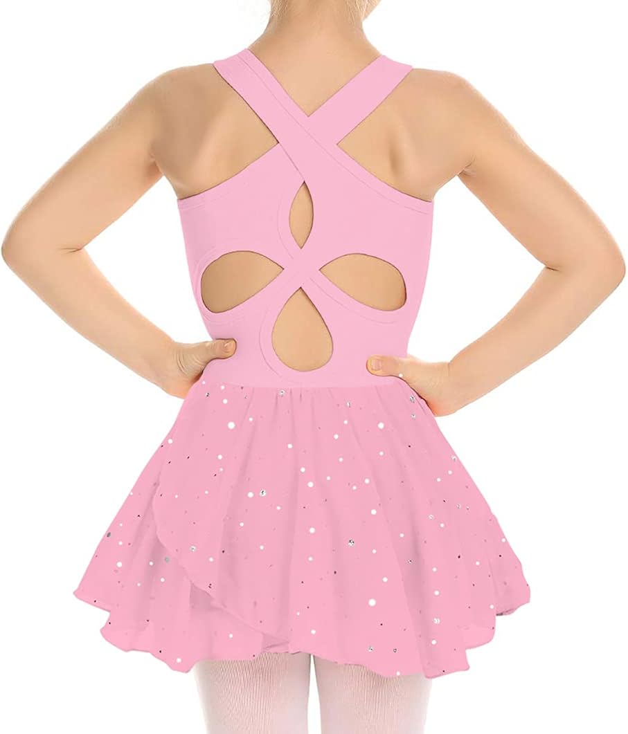 Move Dance Girls Ballet Dance Dress with Hollow Back Sparkle Tutu Skirted Leotard for 3-9 Years: Clothing