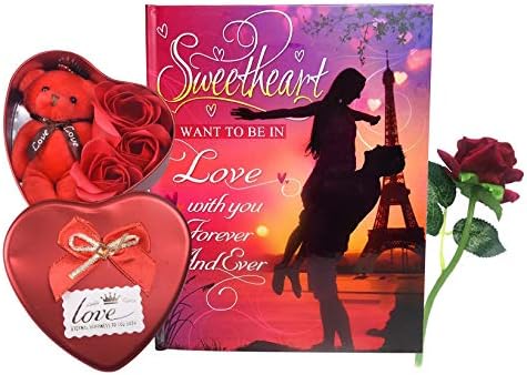 Saugat Traders Love Gift for Girls, Boys - Love Record Book - Red Heart Shape Gift Box with Teddy, Message Bottle & Artificial Red Roses - Valentine Day