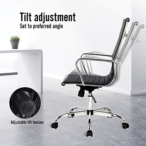 Elecwish Modern Office Executive Swivel Chair, High Back Adjustable, Tall Ribbed, Pu Leather, Wheels Arm Rest Computer, Chrome Base, Home Furniture, Conference Room Reception (Black) Set of 2 - Thumbnail 2