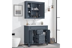 TURRIDU 36" Bathroom Vanity with Integrated Resin Sink and Mirror Cabinet, Freestanding Single Basin Vanity Set with Storage Shelves Drawers Doors, Wood Bathroom Cabinet Combo with Accessories, Blue