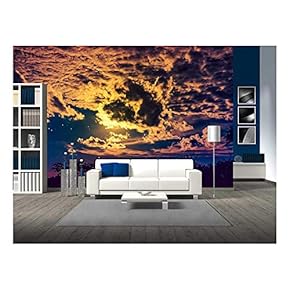 Attractive of Amazing Gold Dark Night Sky with Many Stars and Cloudy Above Silhouette of Trees - Removable Wall Mural | Self-Adhesive Large Wallpaper - 66x96 inches
