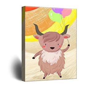 Cute Cartoon Animals Canvas Wall Art - A Yak with Colorful Balloons - Giclee Print Gallery Wrap Kid