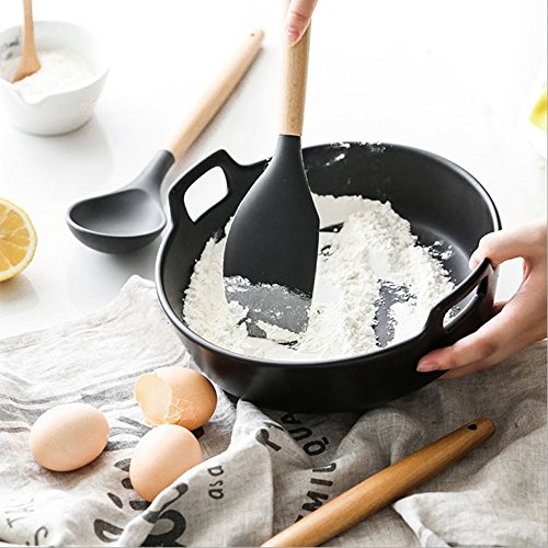 Cooking Utensils Silicone - Kitchen Silicone Utensil Set of 9 Wooden Silicone Kitchen Utensil - Silicone Spatula Set Tools for Cooking - Easy Wash,Grey - Thumbnail 3