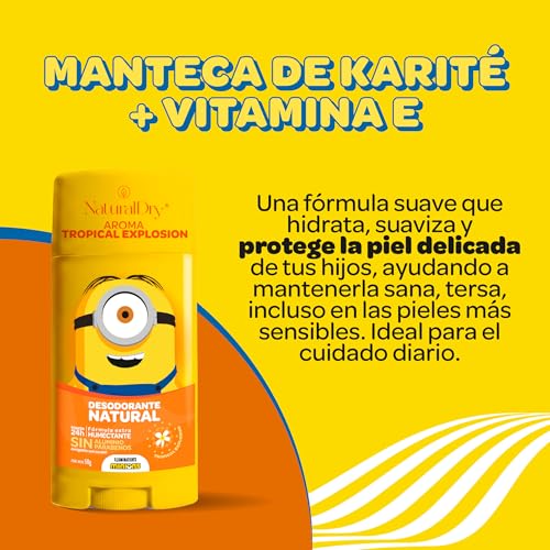 NaturalDry - Desodorante Para Niños y Teens Natural Infantil Minions 50g | Sin Aluminio ni Parabenos | 24hrs Protección | Para Niños y Adolescentes Piel Sensible (2 x Tropical Explosion)