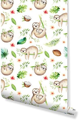 Temporary Baby Animals Sloth Removable Wallpaper, self Adhesive Wall Decor for Kids with Watercolor Tropical Design Cute Palm Tree Leaves Self Adhesive Vinyl CC163 (6" x 10" Sample)