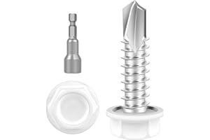 KVOHLUM #8 x 3/4" (100 PCS) White Head Sheet Metal Screws, Hex Washer Head Self Drilling Screw, Flanged Hex Fast Self Tapping Screws, Carbon Steel, Full Thread, Hex Bit Socket Included