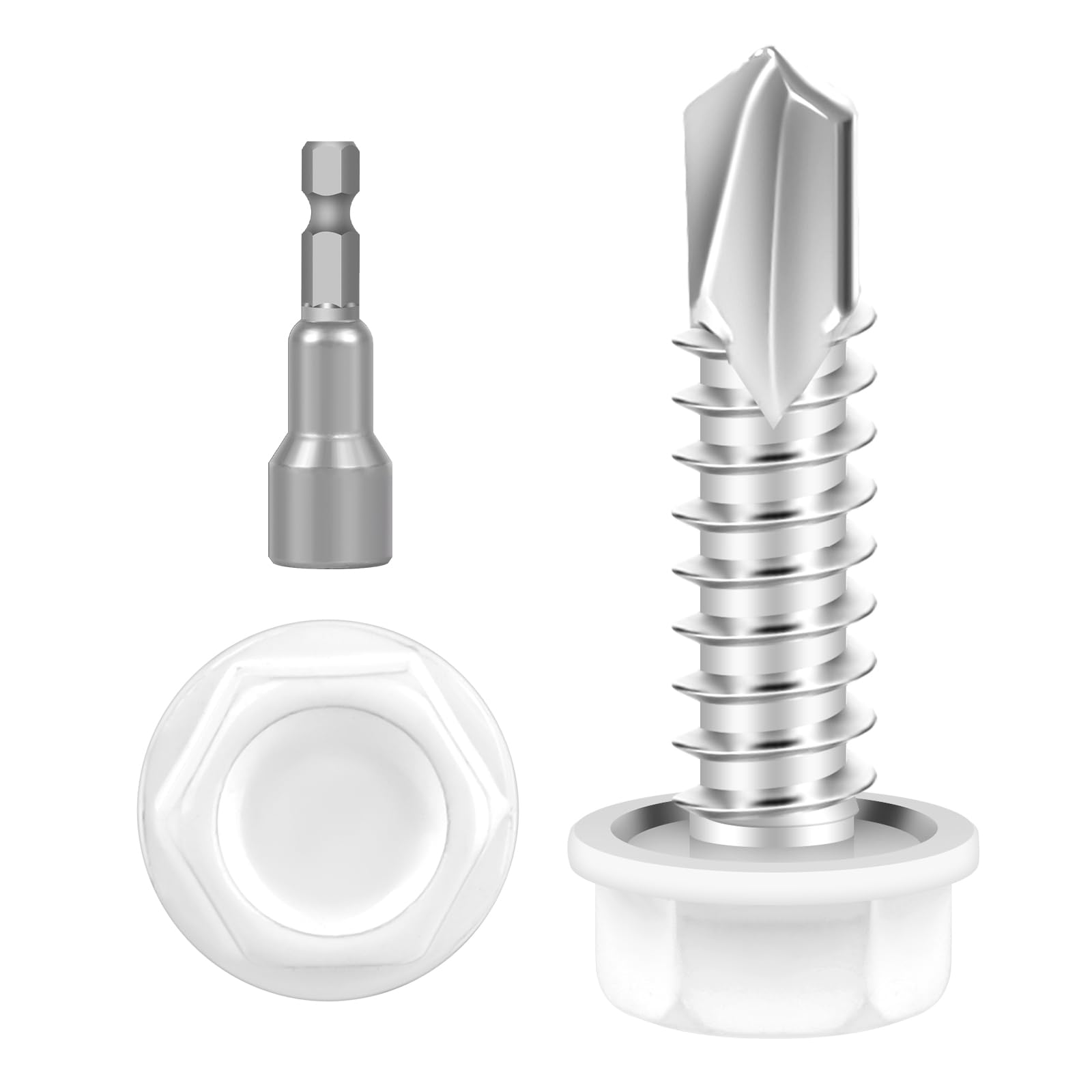 View 1 of #8 x 3/4" (100 PCS) White Head Sheet Metal Screws, Hex Washer Head Self Drilling Screw, Flanged Hex Fast Self Tapping Screws, Carbon Steel, Full Thread, Hex Bit Socket Included