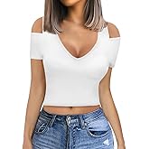 CLOZOZ Womens Sexy Crop Tops V Neck Shirts Short Sleeve Cold Shoulder Fitted Going Out Tops