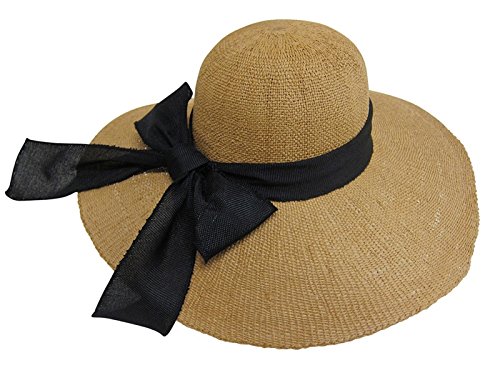 Floppy Beach Hat with Large Canvas Bow, Adjustable Straw Sun Hat, Wide Brimmed Derby Cap (Natural/Black)