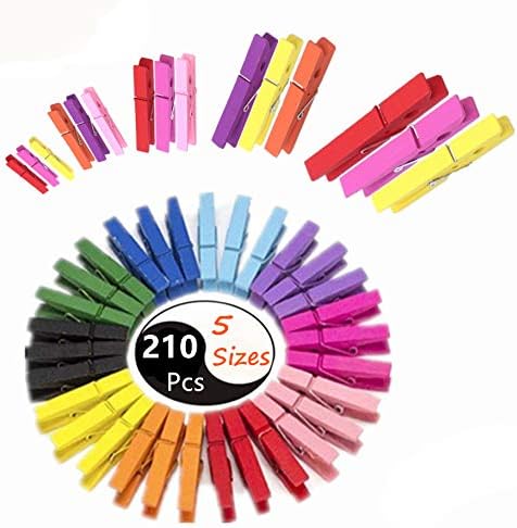 Joyous Journey Colorful Wooden Clips (5 Sizes, 210 Pieces), Natural Wooden Clothespins | Craft Peg Wood Pin Photo Decorative Clips (Multicolored)