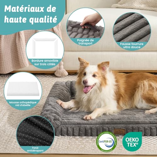 COZY KISS Orthopaedic Dog Bed Extra Large 120 x 88 x 17 cm – Soft Faux Fur Sofa Bed, Memory Foam in Honeycomb, Ergonomic Cushion, Removable, Washable, Grey, XXL