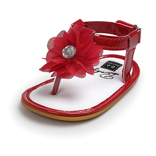 QGAKAGO Baby Girls Rhinestone Flower Thongs Sandals T-Strap Non-Slip Infant Toddler Buckle Flats Sandals (5 M, Red)