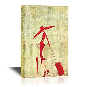 Canvas Wall Art - The Lady in a Red Dress with a Suitcase and an Umbrella Goes to a Train - Gallery Wrap Modern Home Art | Ready to Hang - 12x18 inches