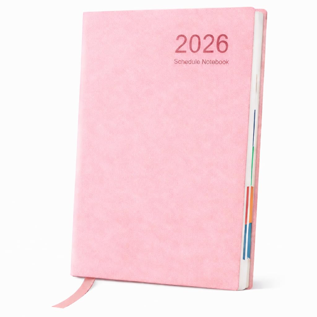 2026 A5 Diary – Soft PU Day-Per-Page Planner | Monthly Index Tabs, Ribbon Marker, Notes on Every Page | Weekend Shared Page | Personal Info, Monthly Planner & Useful Reference Pages - Pink