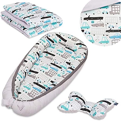 Peti Bebe Newborn 3in1 Set - Baby Nest + Bedding with Filling + Travel Butterfly - Cars